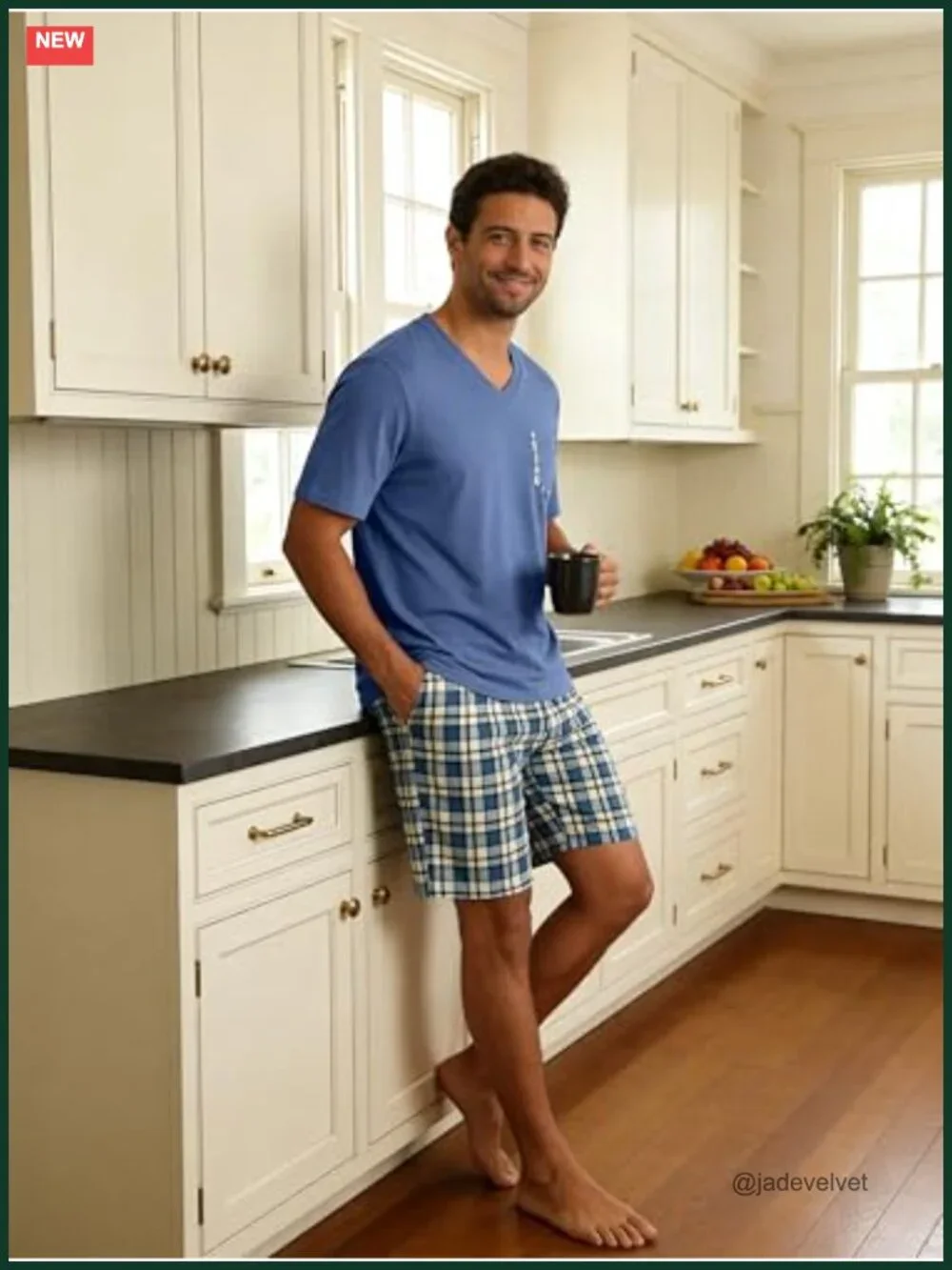 Mens Cotton Pajamas Set 2 Piece Soft Sleepwear Short Sleeve Top & Plaid Shorts